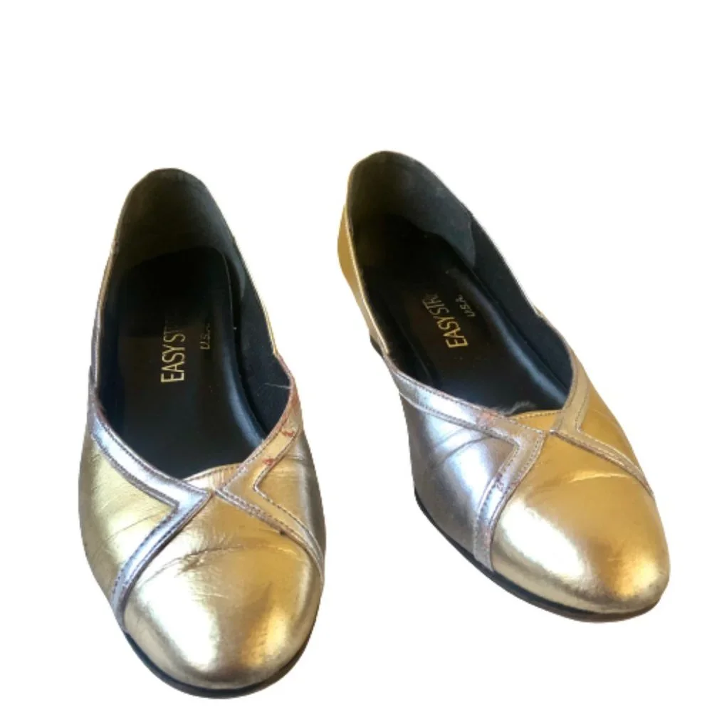 Easy Street Vintage 80's Low Wedge Pump Silver + Gold Made in USA USED